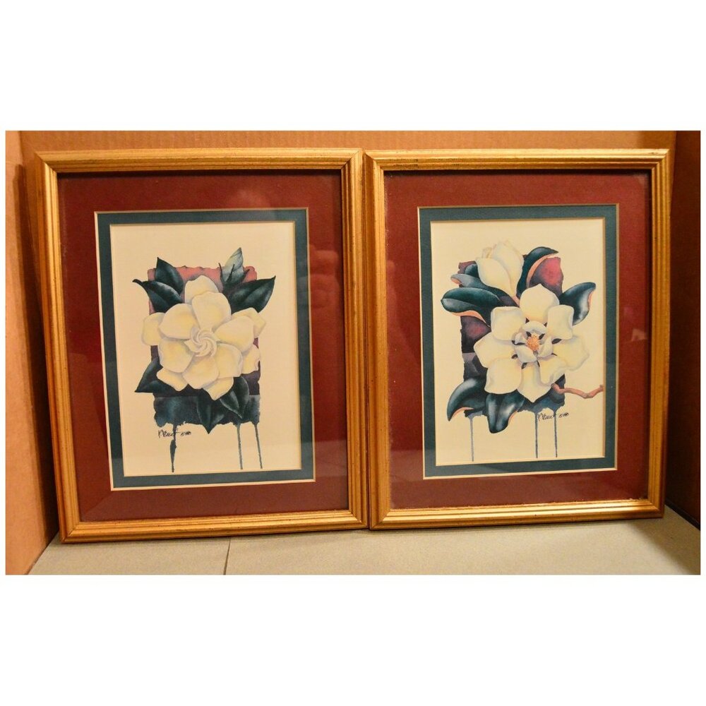 Set of 2 P. Brent '88 Wood Framed Matted Watercolor Art Flower Prints ~11"x 9"